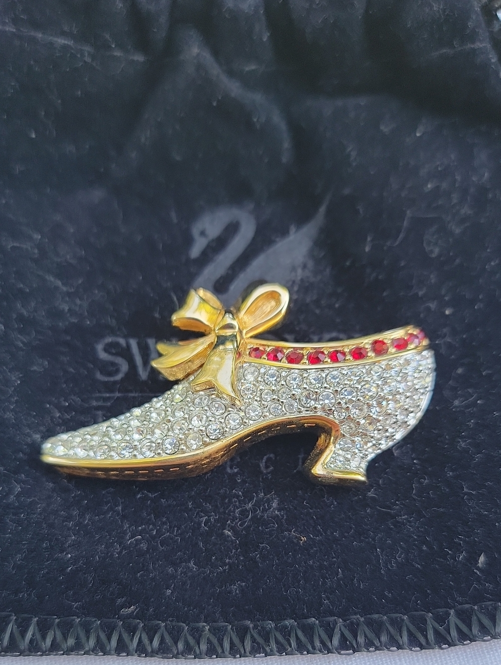 Vintage Swarovski Gold-Tone Crystal High Heel Brooch with Red Accents Retired